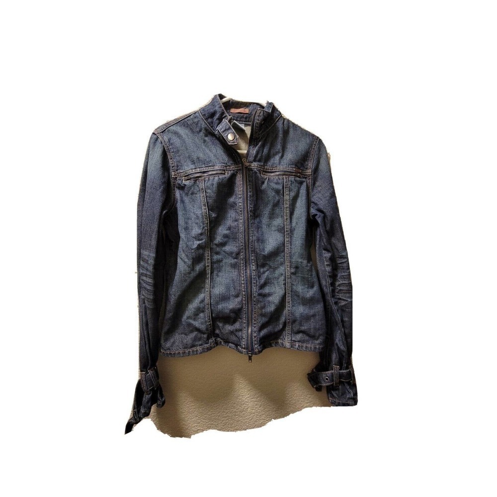 Billabong Dark Denim Jacket, Size Large With Buckle And Zipper Detail
